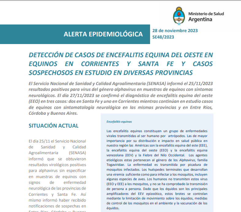 Compartimos alerta epidemiológica y recomendaciones del Ministerio de Salud de la Nación sobre Encefalitis Equina, ante casos reportados en Argentina